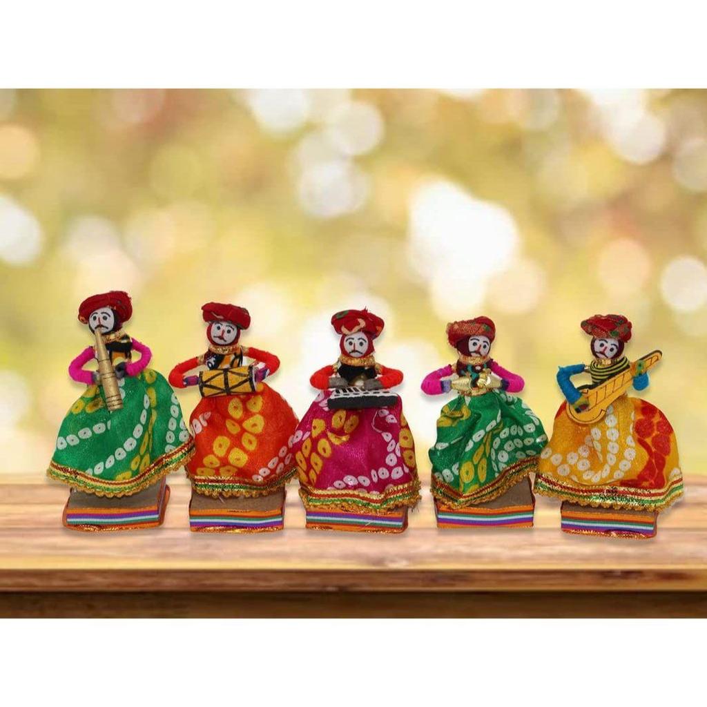 Recycled Material Rajasthani Home Decor Items Musician Bawla Puppets Idol Show Pieces for Home Decor 11 X 28 Cm Multicolor, 5 Pieces (Male Puppets)