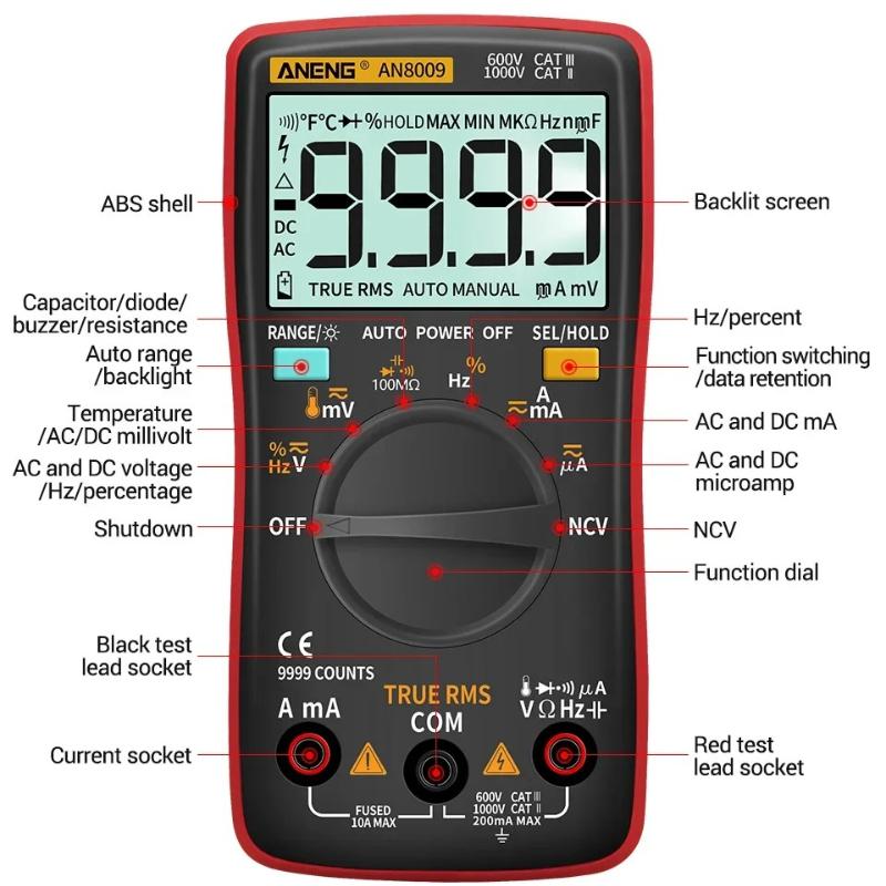 Multifunctional Mini Digital Multimeter ANENG AN8009 True RMS Transistor Tester Auto-Range Automotive Capacitor High Precision Tester Temp Diode Tools