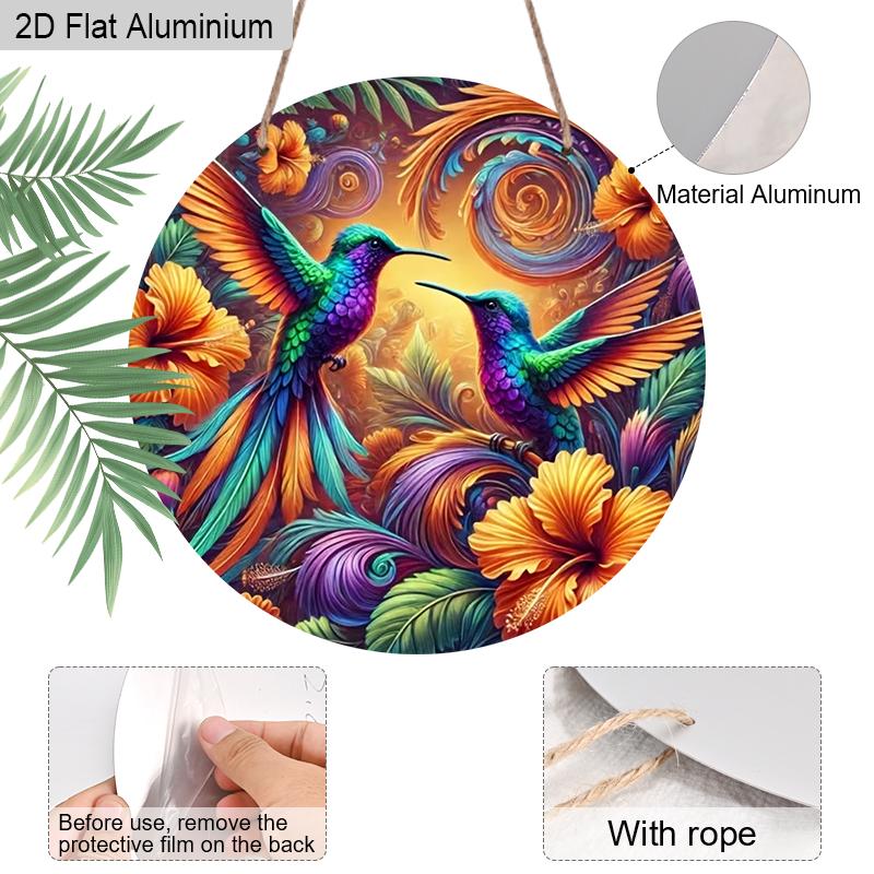 2D Flat 1pc Vintage Colorful Hummingbird Aluminum Sign Round Ornament, Home Office Garden Courtyard Living Room Balcony Decor, Indoor/Outdoor Door