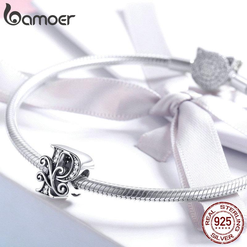 BAMOER Натуральное серебро 925 пробы Буква P Алфавитные бусины Подвески подходят для браслетов и браслетов DIY