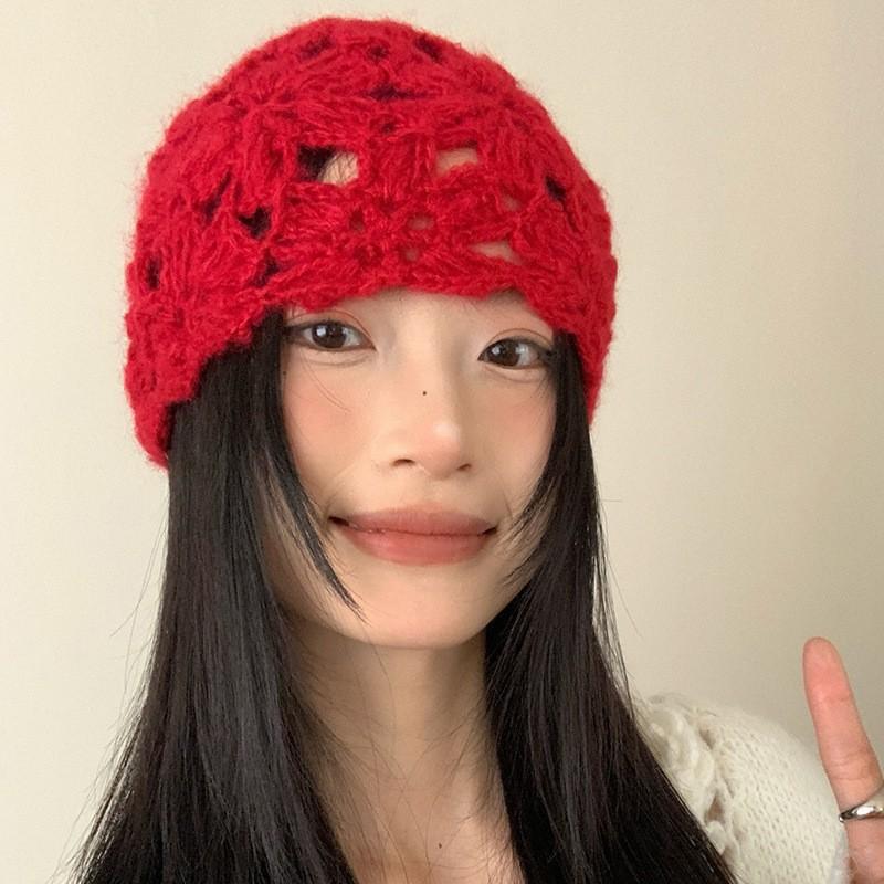Spring and summer hand-woven hollow bald hat women's crochet ethnic style fringed pullover hat bohemian style knitted