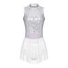 Womens Glittery Rhinestone Dance Dress Fringed Leotard Mesh Patchwork Design Sequined Latin Performance Costume