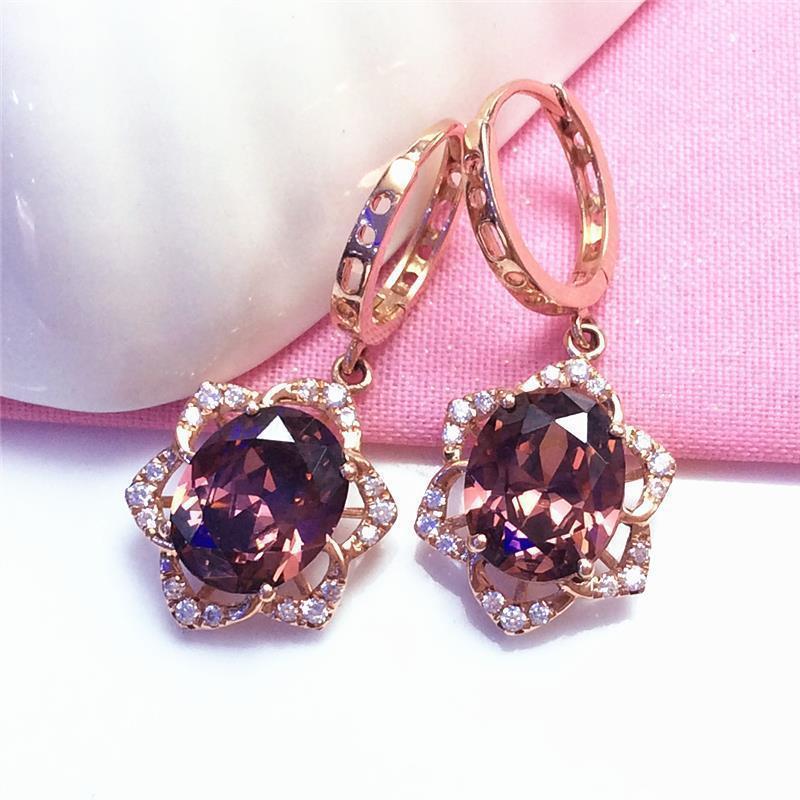 Фиолетово-золотые квадратные серьги с красным камнем Геометрические серьги Покрытие из розового золота Милые украшения для женщин