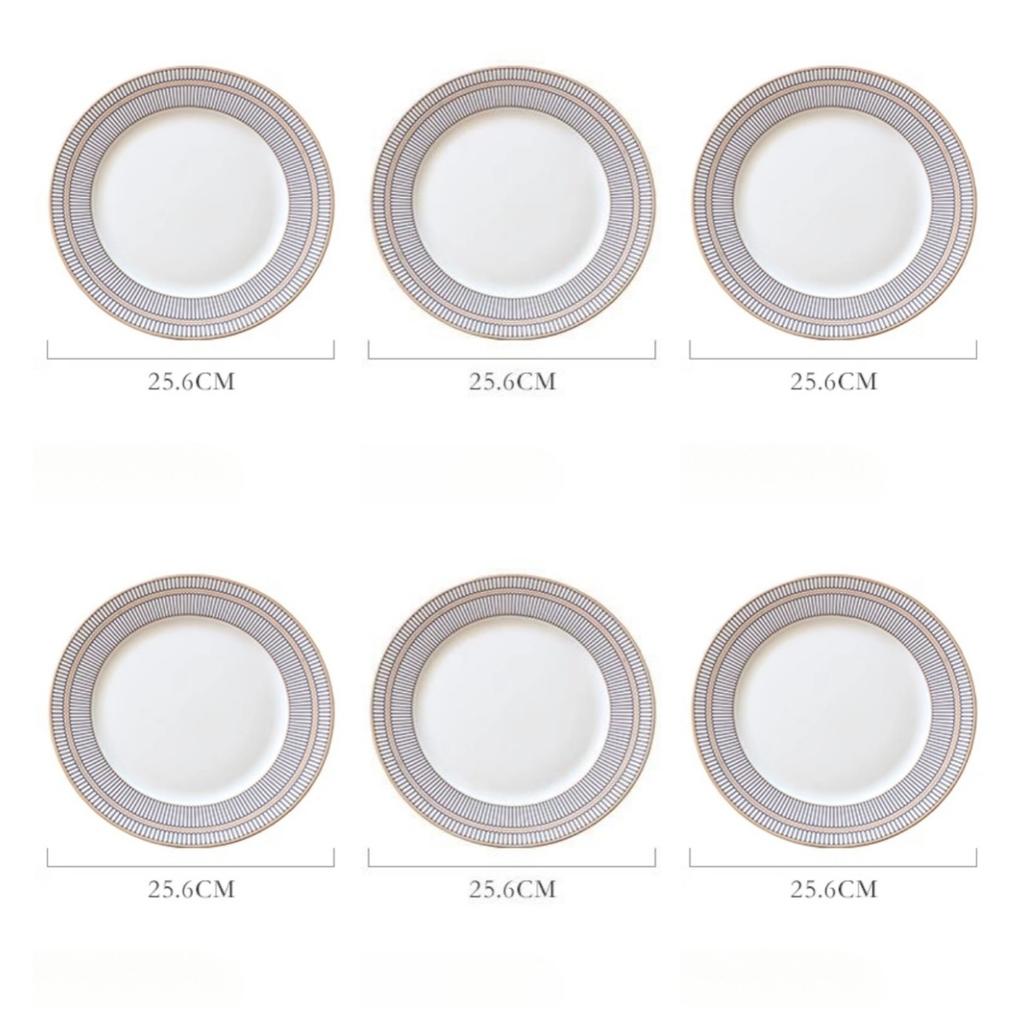Fine Bone China Dinner Plates Sets, Light Luxury Tableware Stripe Pattern Gilt Edged Porcelain Dinnerware Round Set of 6