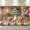 Elegant Retirement Backdrop, Sophisticated Black, Purple and Gold Party Scene with Crown, Lights and Balloons, Festive Luxury Wall Decor