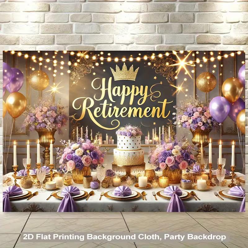 Elegant Retirement Backdrop, Sophisticated Black, Purple and Gold Party Scene with Crown, Lights and Balloons, Festive Luxury Wall Decor