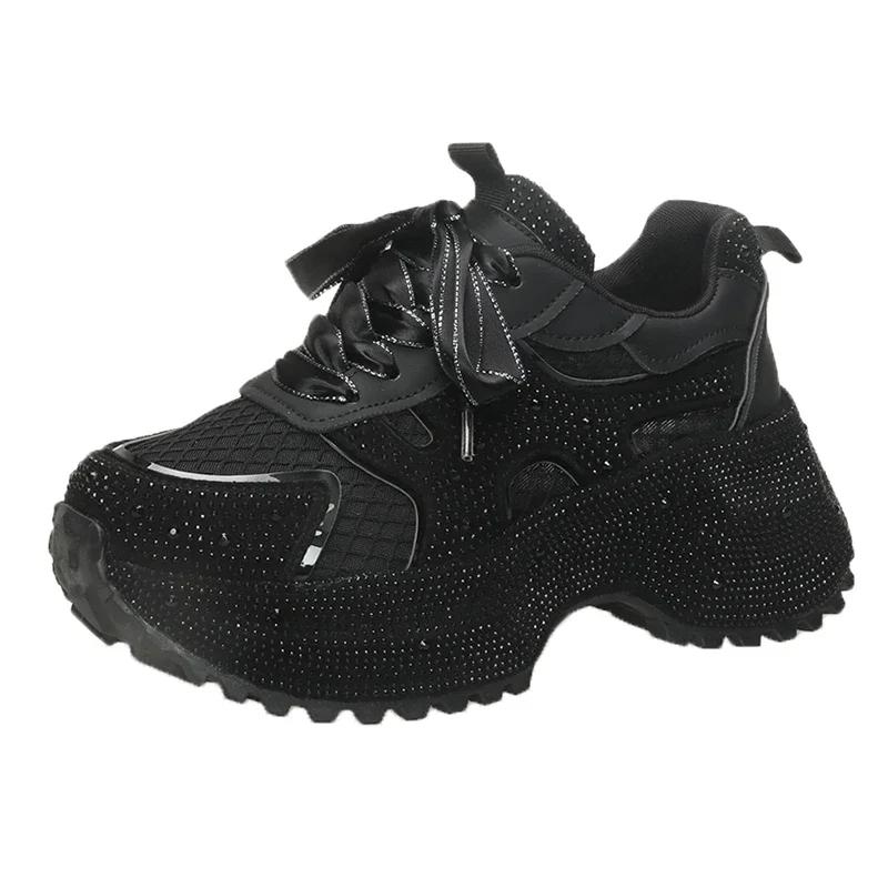 Мода 7см Летние Роскошные Дизайнерские Женские Кроссовки Daddy со Стразами Толстая Подошва Сетка Розовые Милые Женские Тенниски на Платформе Весна