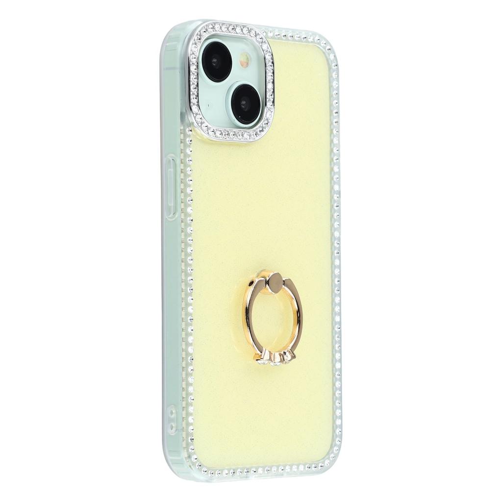 For iPhone 14/13 Case with Ring Kickstand Rhinestone Edge TPU+PC IMD Phone Cover