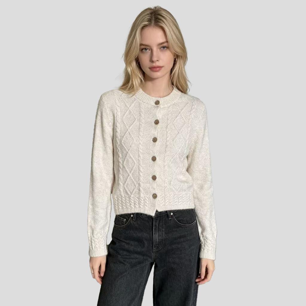 New crew neck knit cardigan for women, autumn/winter coarse knit knit sweater jacket, fashionable versatile long-sleeve top