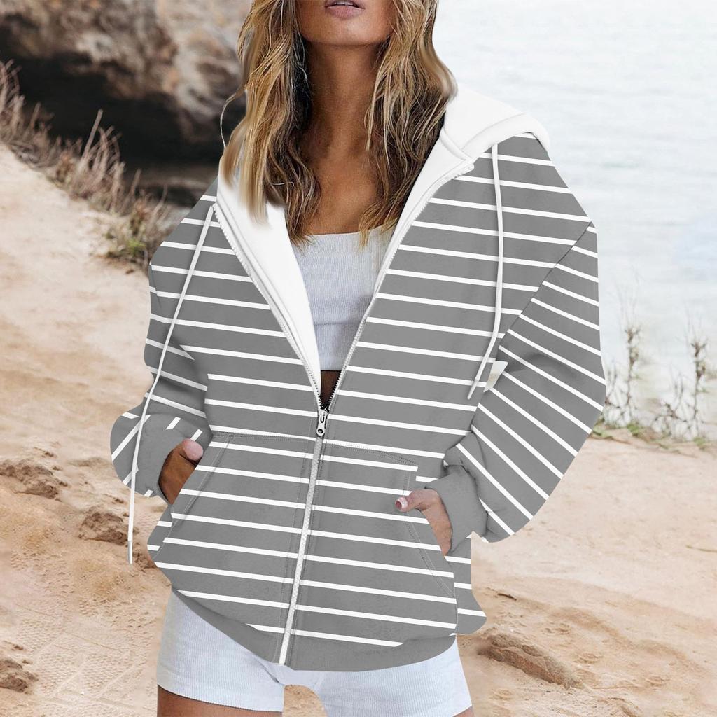 Женская толстовка с длинными рукавами и полосатым принтом, куртка с длинными рукавами и карманами, на молнии, пальто с капюшоном