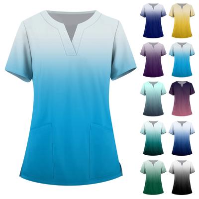 Женская мода, рабочая одежда с v-образным вырезом, короткими рукавами и карманами, топы с принтом, летние топы для женщин