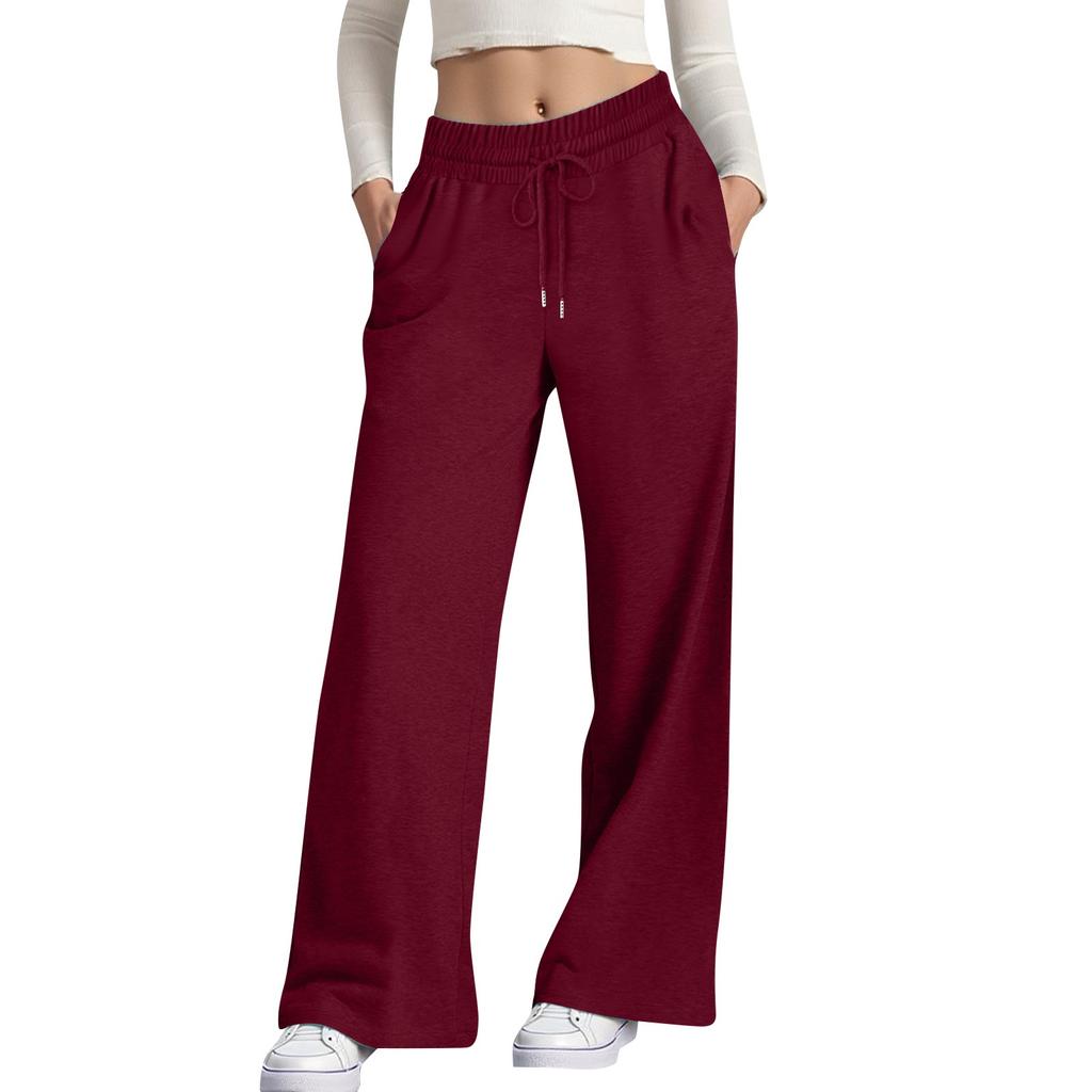 Women's Casual Fashion Solid Color Elastic Waist Drawstring Pockets Wide Leg Straight Pants