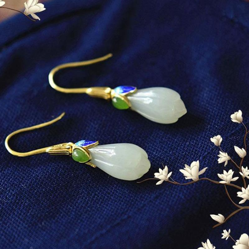 Натуральные серьги-орхидеи из нефрита Хэтянь для женщин, изысканный китайский стиль, креативный дизайн, легкая роскошь, длинные ювелирные аксессуары
