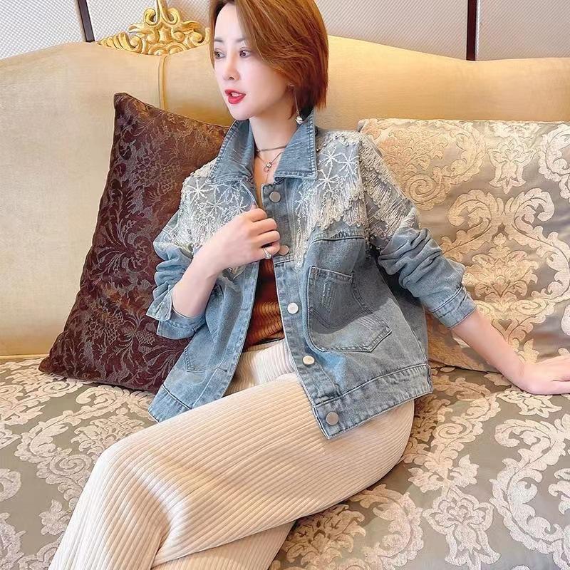 Short Crop Sequin 2025 Fashion Small with Rhinestones Diamonds Denim Jacket for Women Trend New Collection In Cowboy Coat Woman