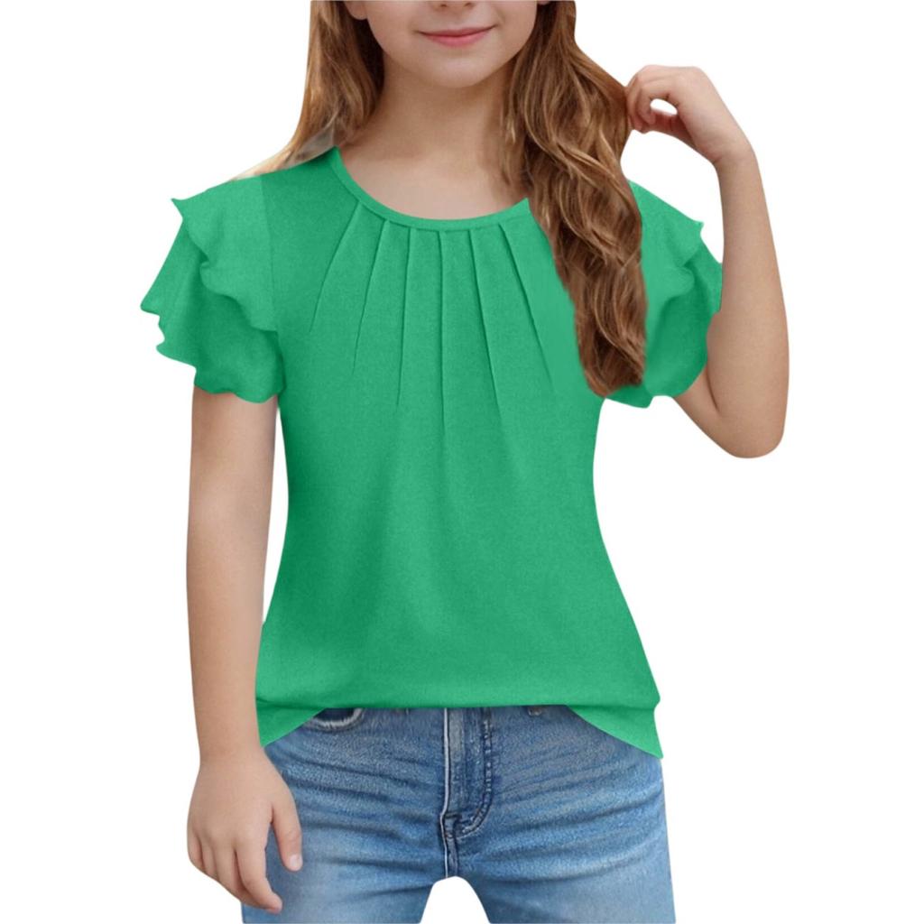 Girls' Ruffled Tee - Solid Color Short Sleeve Casual Top