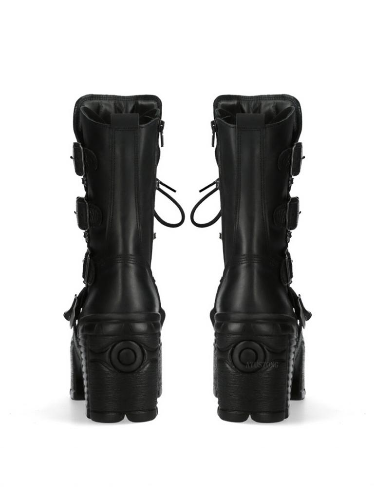 Fashion Gothic Platform Ankle Boots Spanish Rock Punk Chunky Heel Motorcycle Boots with Chains Streetwear Combat Boots for Women's