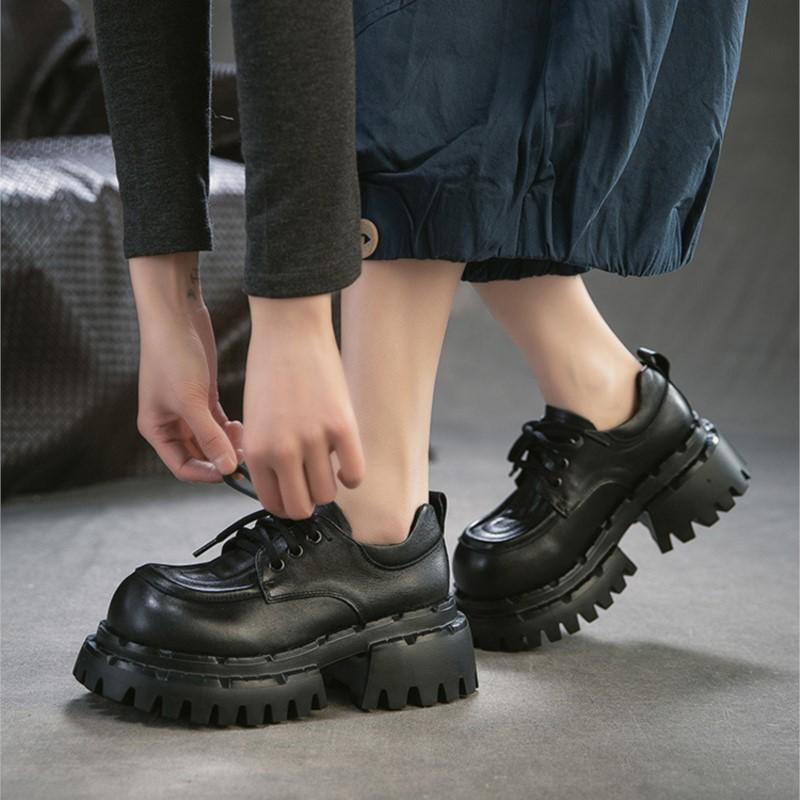 Johnature Женские туфли-лодочки на толстой подошве с круглым носком и шнуровкой в британском стиле, из натуральной кожи, универсальные, на высоком каблуке