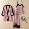 Женская пижама из трех частей, весенне-летний халат-кимоно, пижама-халат, свободная атласная домашняя одежда, сексуальная кружевная пижама