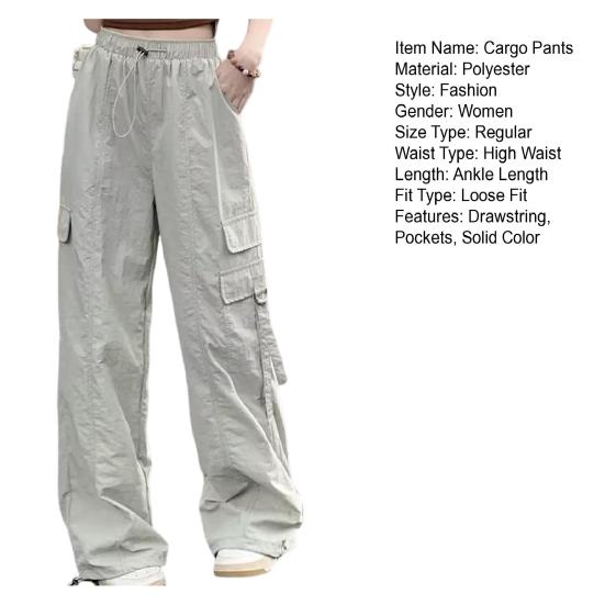Брюки эластичные, с высокой талией, с регулируемым шнурком, длинные брюки, однотонные, широкие, с несколькими карманами