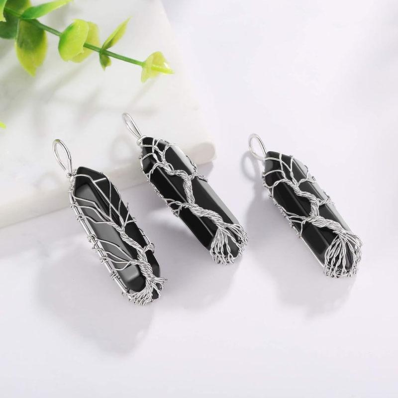 Tree of Life Natural Crystal Hexagonal Pendant Necklace with Wire-Wrapped Design