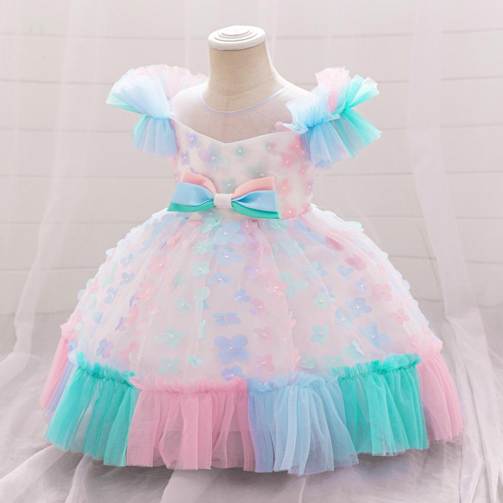 Rainbow Flower Baby Girls Party Dress Toddler Tulle Puff Sleeve 1st Birthday Wedding Princess Prom Dress Bridemaid Baby Clothing