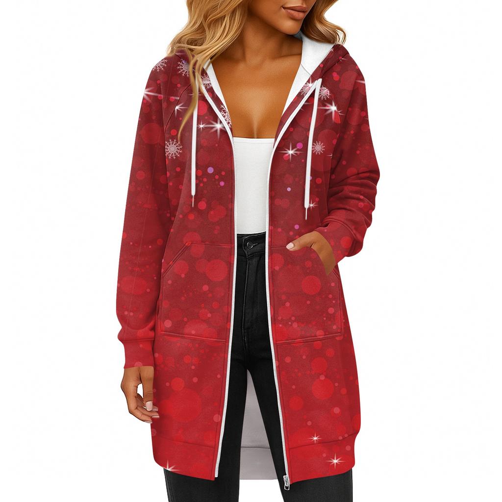Women's Fashionable Christmas Printed Long Sleeved Drawstring Hooded Zipper Pocket Long Casual Sweatshirt Jacket