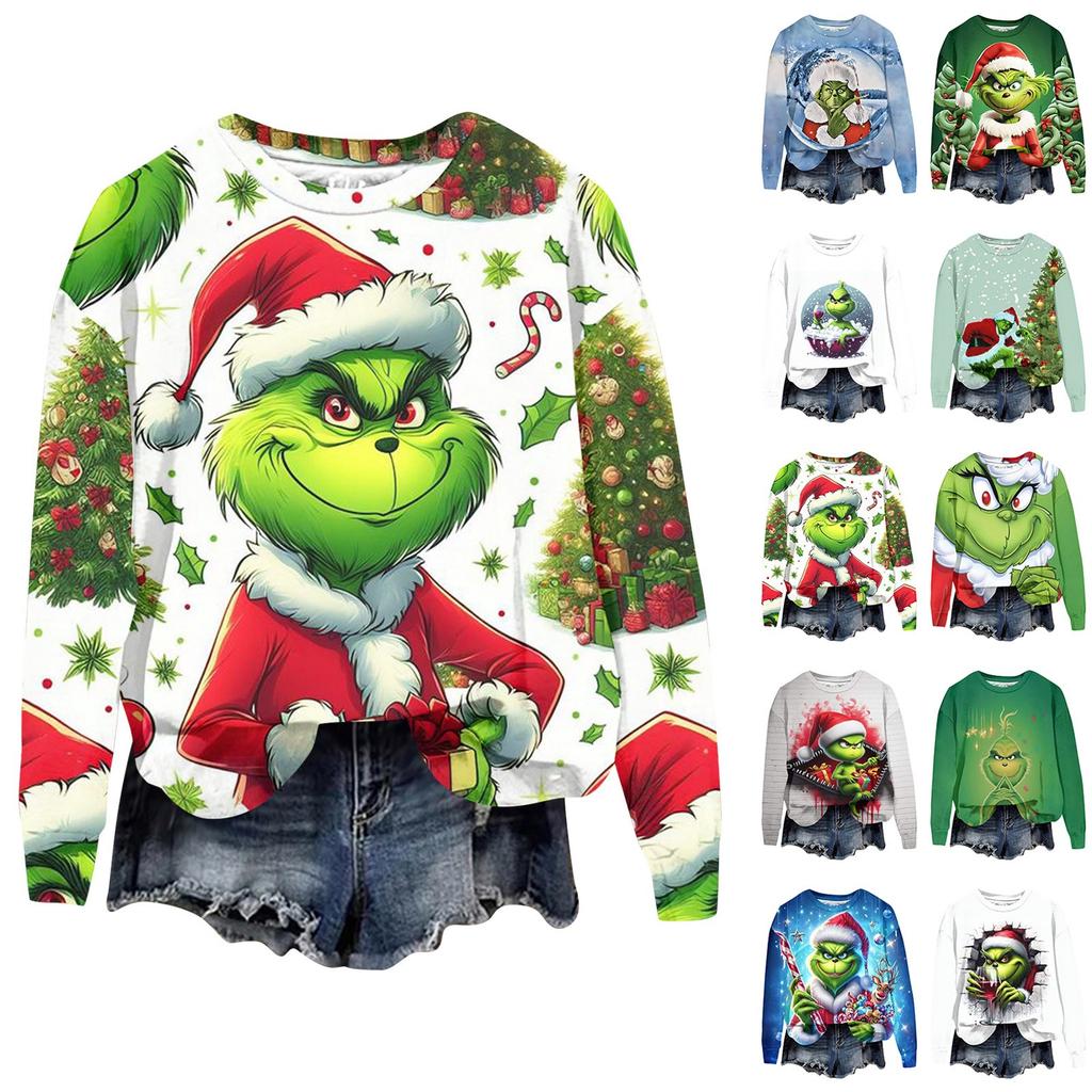 Women's Fashion Christmas Printed Long Sleeve Loose Round Neck Sweatshirt Top