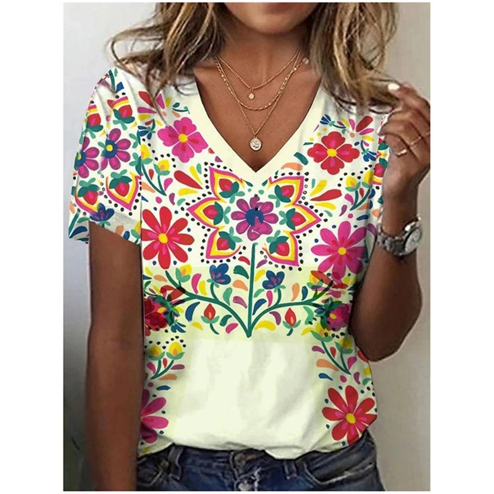 Retro Ethnic Style 3D Digital Printed Women's Casual and Comfortable V-neck Short Sleeved T-shirt