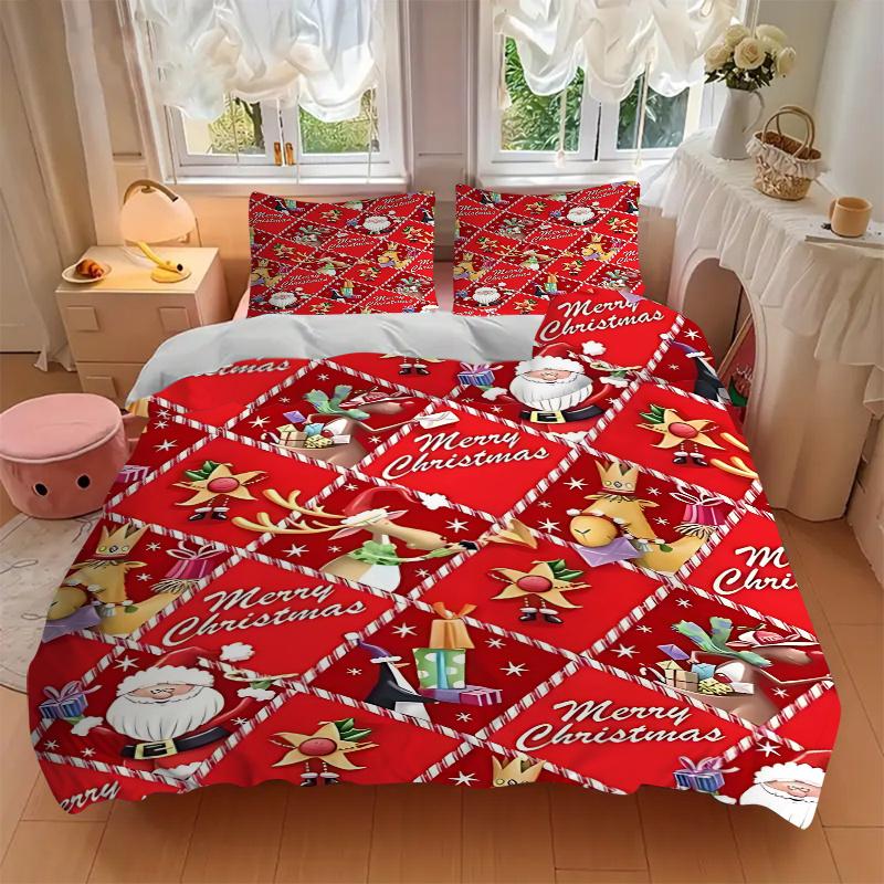 3pcs Merry Christmas! Santa Claus & Friends Bedding Set, Includes One Quilt Cover and Two Pillowcases (No Core), Festive Gift for Bedroom