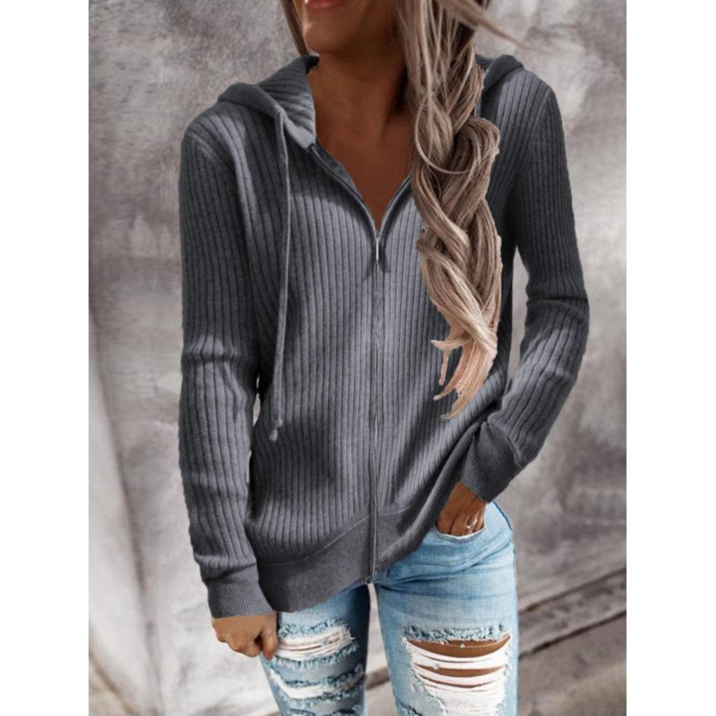 2025 Autumn Winter New Striped Casual Loose Fit Knitwear Zip Up Cardigan Long Sleeve Hooded Sweater for Women