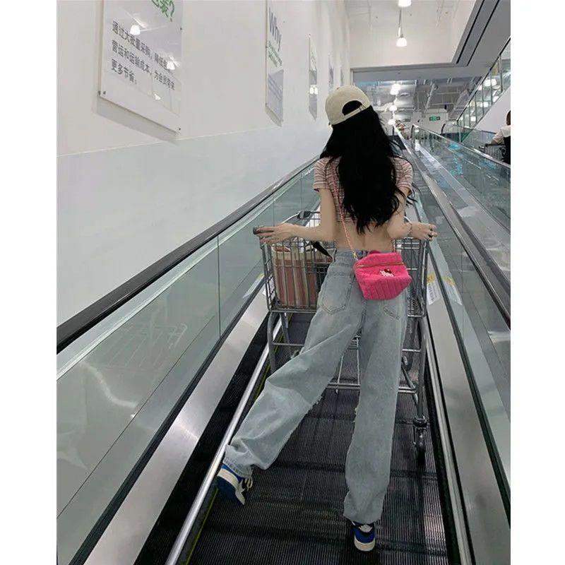 New Fashion High Quality Design Sense Large Size Washed Ripped Jeans Women Summer Spice Girls High Waist Straight Loose Jeans