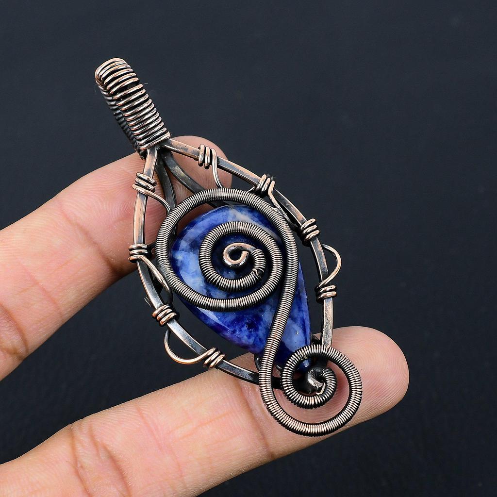 Драгоценный камень содалит, чистая медная проволока, обернутая подвеской ручной работы, ювелирное изделие, подарок для нее