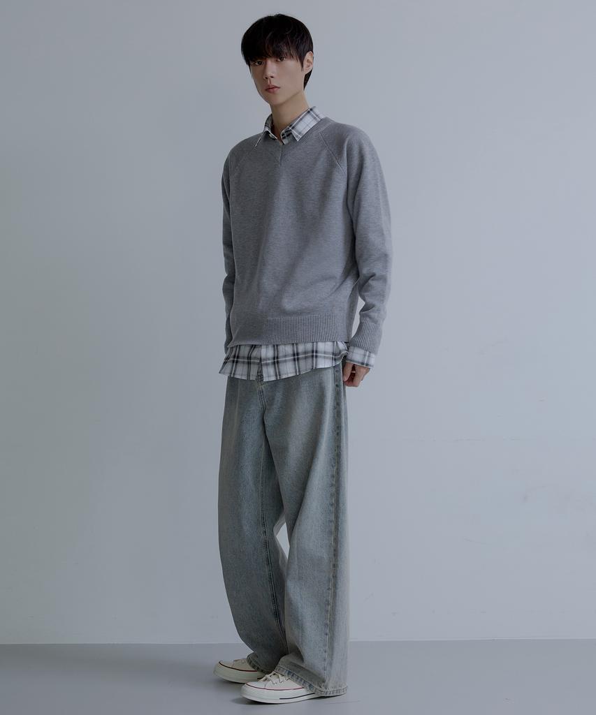 NODU V-Neck Herasi Raglan Crop Knit [Gray]