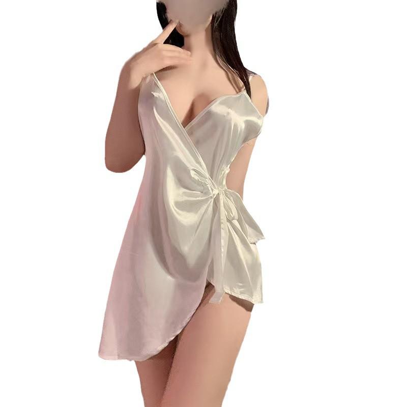 Атласное ночное платье на шнуровке с V-образным вырезом из летнего ледяного шелка - Соблазнительно горячая и чисто желанная одежда для сна
