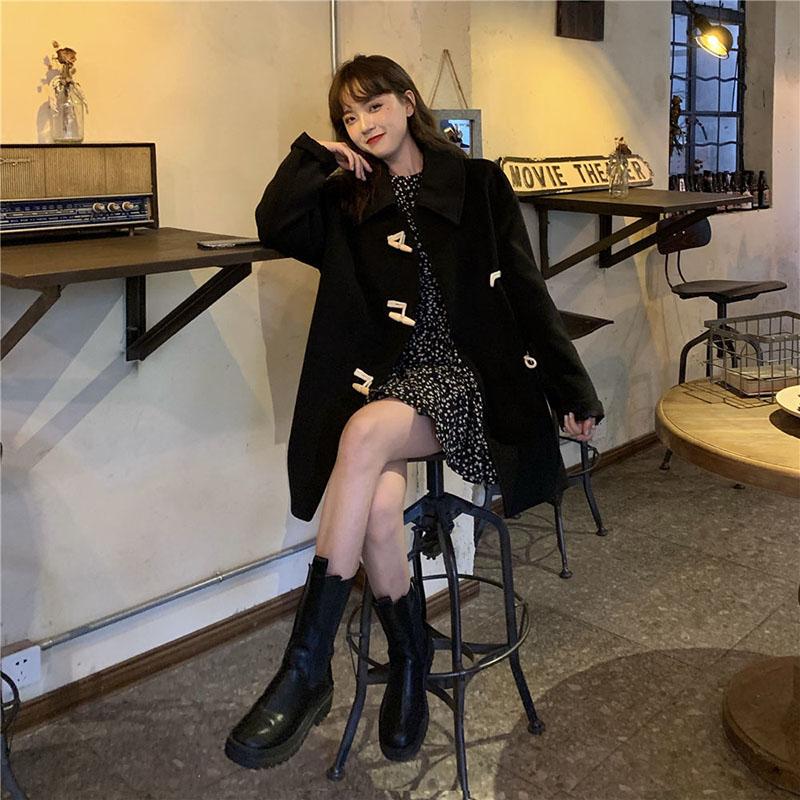 Черное пальто, женское осеннее среднедлинное свободное пальто на пуговицах, повседневное удобное пальто на пуговицах