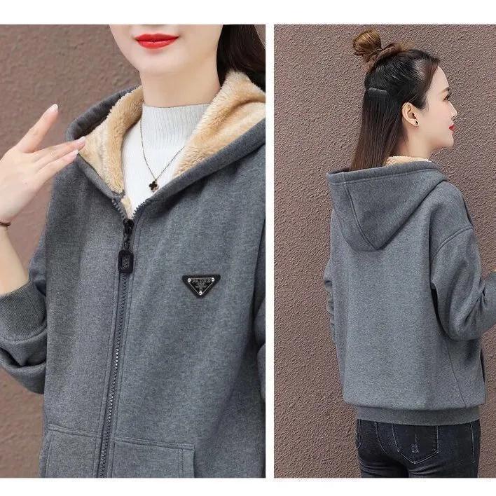 Плюшевая Толстая Теплая Куртка Женская Осень и Зима Большого Размера С Капюшоном Свободная Куртка для Полных Тренд