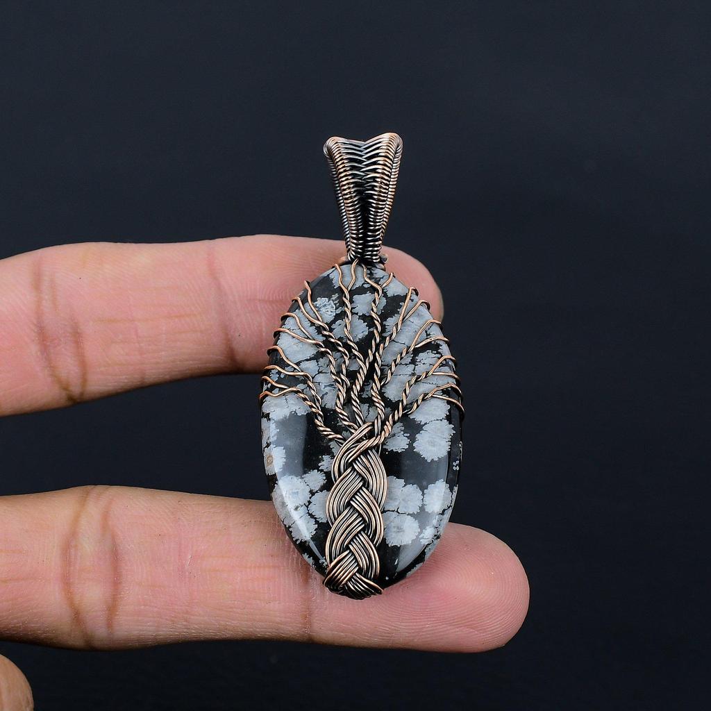 Gorgeous Tree Of Life Snowflake Obsidian Gemstone Handmade Pure Copper Wire Wrap Jewelry Pendant