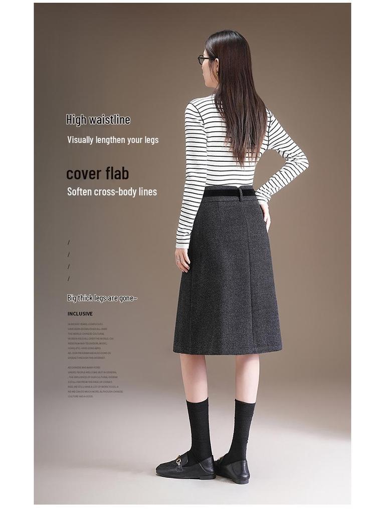 Elegant High-Waisted Woolen A-line Midi Skirt - Winter 2025