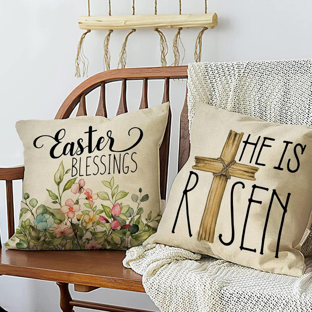 Fahrendom Happy Easter Eggs Bunny Decorative Throw Pillow Cover 18x18 Set of 4, Religious Rejoice Rabbits Carrot Flower Blessings Outdoor Pillowcase,
