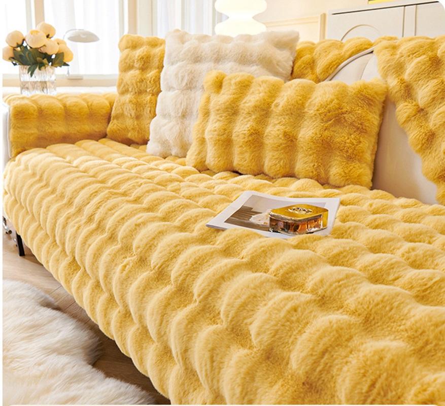 Winter Thickened Rabbit Plush Sofa Cushion Solid Colour Warm Sofa Cover Non-Slip Living Room Decorative Sofa Soft Backrest Towel
