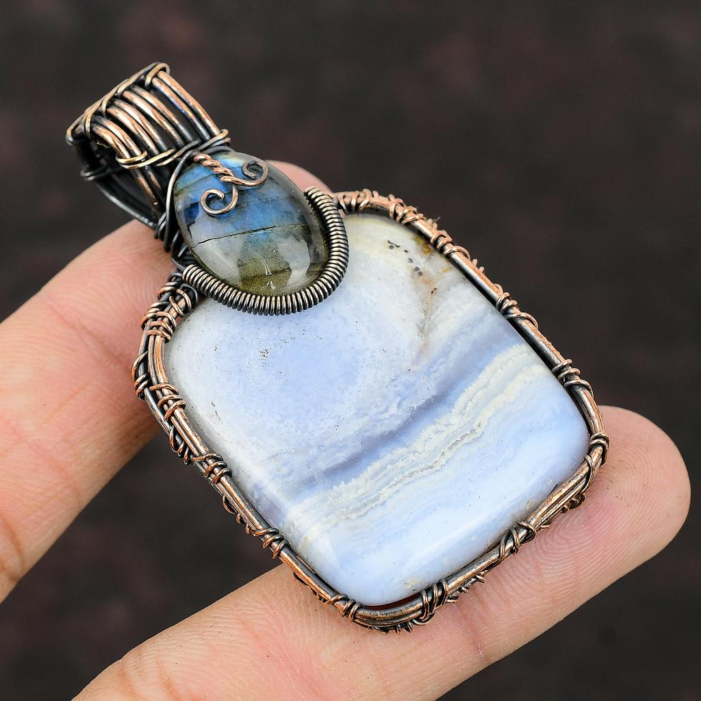 Синий кружевной кулон с агатом, медная проволока, кулон, ювелирные изделия из лабрадорита ручной работы, подарок для матери, драгоценный камень, проволока, ювелирные изделия, кулон с камнем