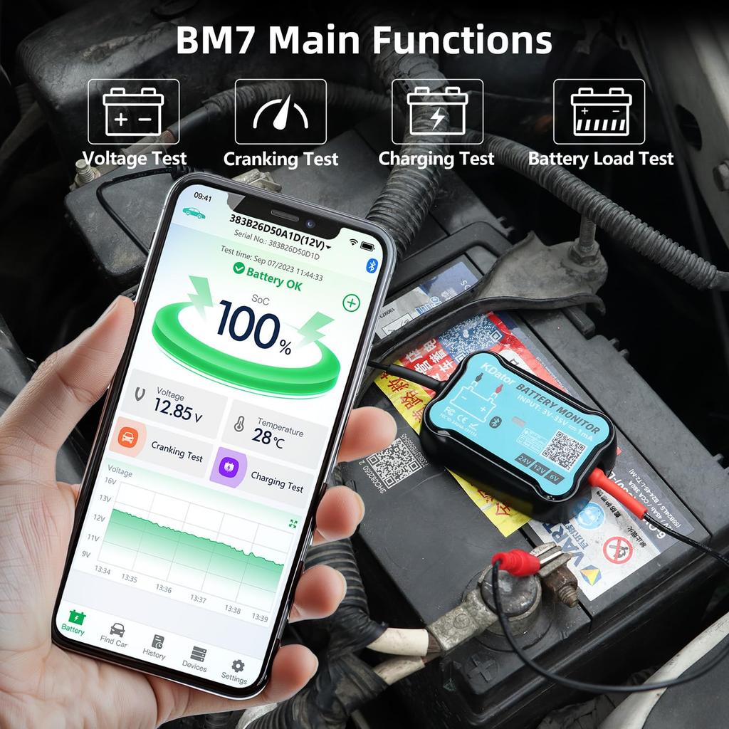 6В 12В 24В Bluetooth Монитор Аккумулятора BM7 – Работает со Всеми Свинцово-Кислотными и Литиевыми Батареями с Зарядкой, Тестом Системы Запуска и Автоматической Сигнализацией – Водонепроницаемый