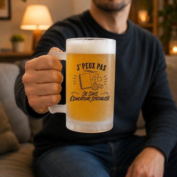 Chope à bière - PLANETEE - J'peux pas minimaliste - Givré - Verre trempé 470 ml - Motif Éducateur spécialisé