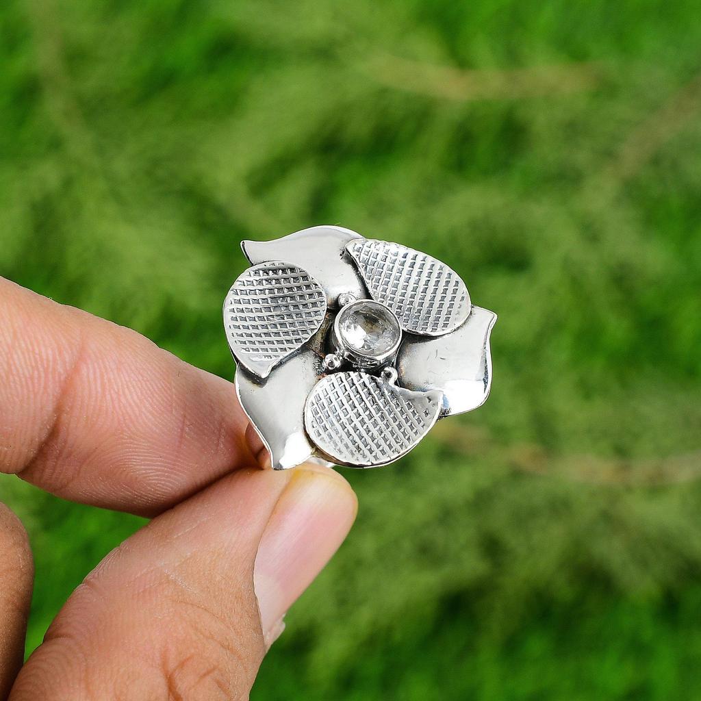 Natural White Topaz Solitaire Flower Adjustable Ring 925 Silver For Girls