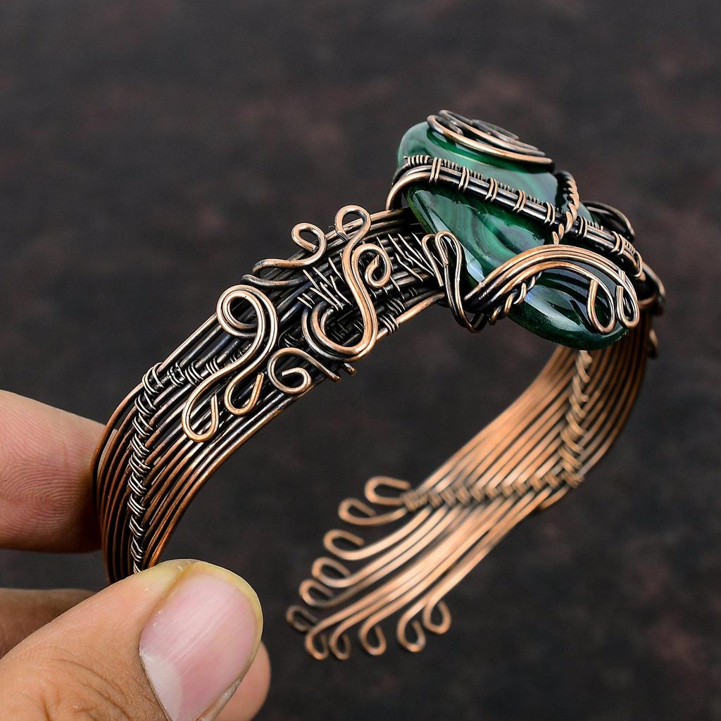 Браслет-манжета из малахита, браслет из медной проволоки, регулируемый браслет, ювелирные изделия ручной работы, браслет из драгоценных камней, старинные медные ювелирные изделия, свадебный подарок