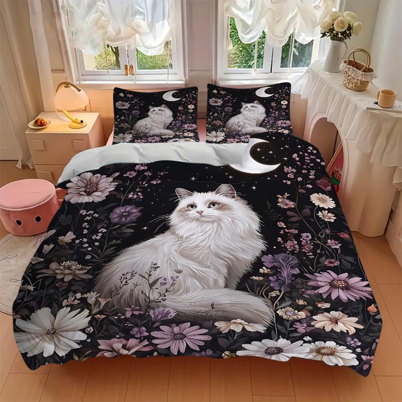 3pcs Starry Sky and White Cat Printed Duvet Cover Set (1 * Cover+2 * Pillowcase, Without Core), Suitable for Home Bedroom, Guest Room, Dormitory