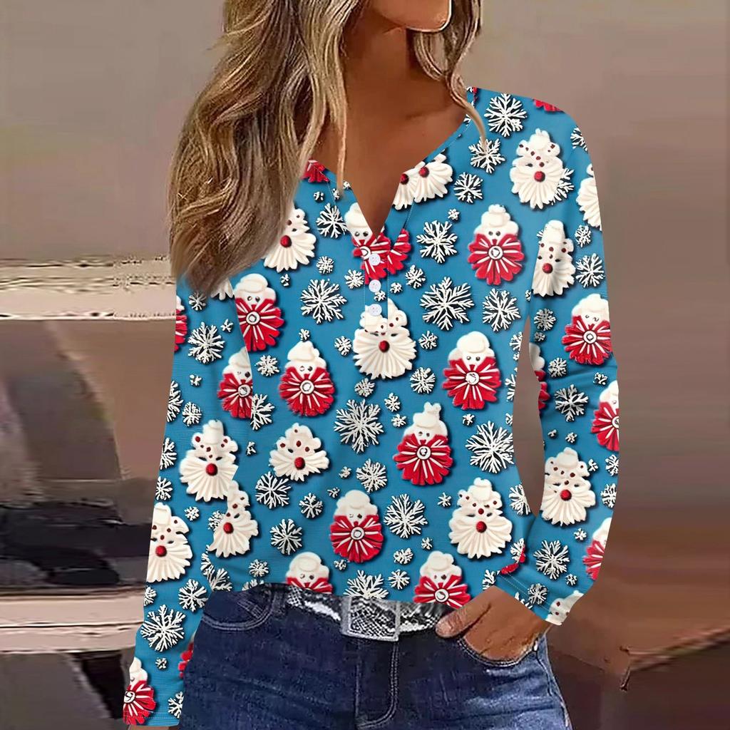 Женская футболка с рождественским принтом на пуговицах с длинным рукавом, повседневная, выходного дня, модная, базовая, с V-образным вырезом, обычная