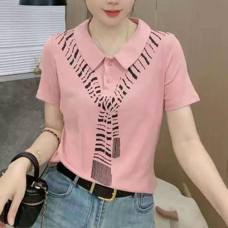 Lapel Short-sleeved T-shirt for Women In Summer New Scarf Printed Temperament Versatile Slim Lapel Top