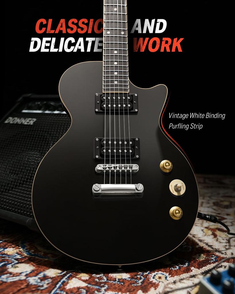 Электрогитара Donner для начинающих, комплект LP Type 39 дюймов, полноразмерная, из тополя, звукосниматель HH, эксклюзивный кейс, защитный ремень, в комплекте, черная DL-124