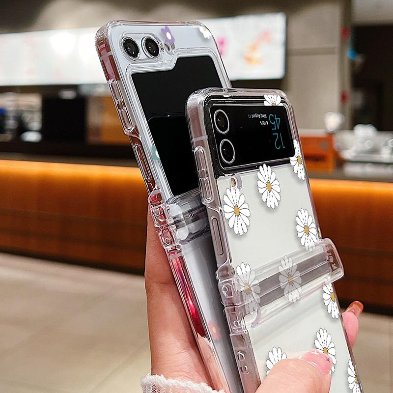 Transparent Love Flower Phone Case For Samsung Galaxy Z Flip 6 5 4 3 Flip 5 Flip 6 Shockproof Bumper Slim Hard Back Cover Fundas